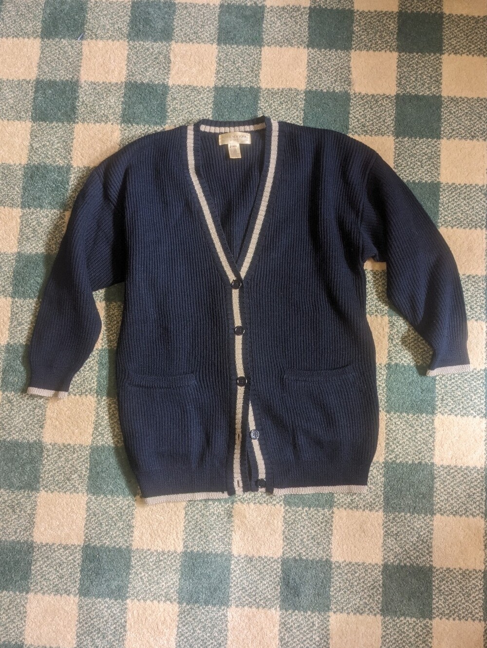Vintage Jones New York Navy/Cream Collegiate Style 100% Wool Cardigan Sweater